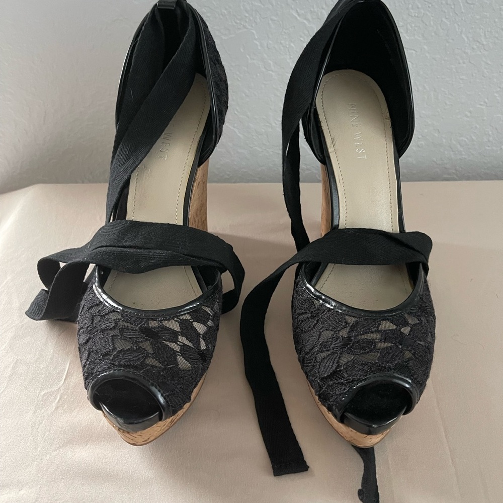 Black lace wrap around espadrille wedges